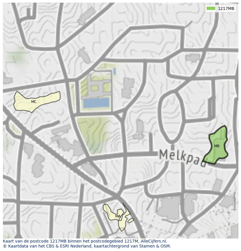 Afbeelding van het postcodegebied 1217 MB op de kaart.