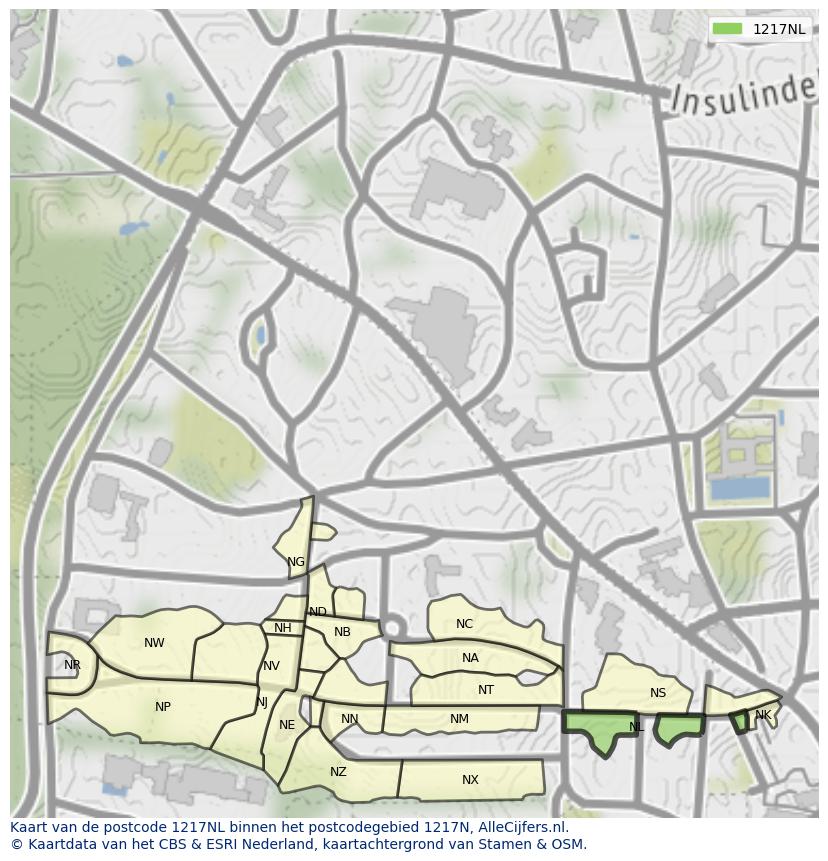 Afbeelding van het postcodegebied 1217 NL op de kaart.