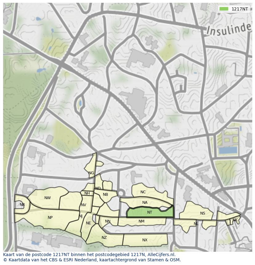 Afbeelding van het postcodegebied 1217 NT op de kaart.