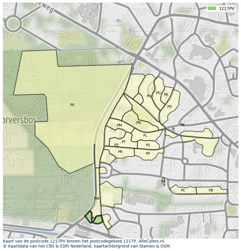 Afbeelding van het postcodegebied 1217 PV op de kaart.