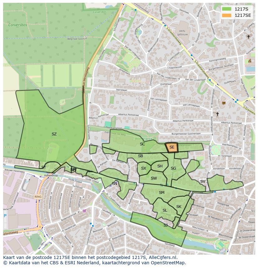 Afbeelding van het postcodegebied 1217 SE op de kaart.