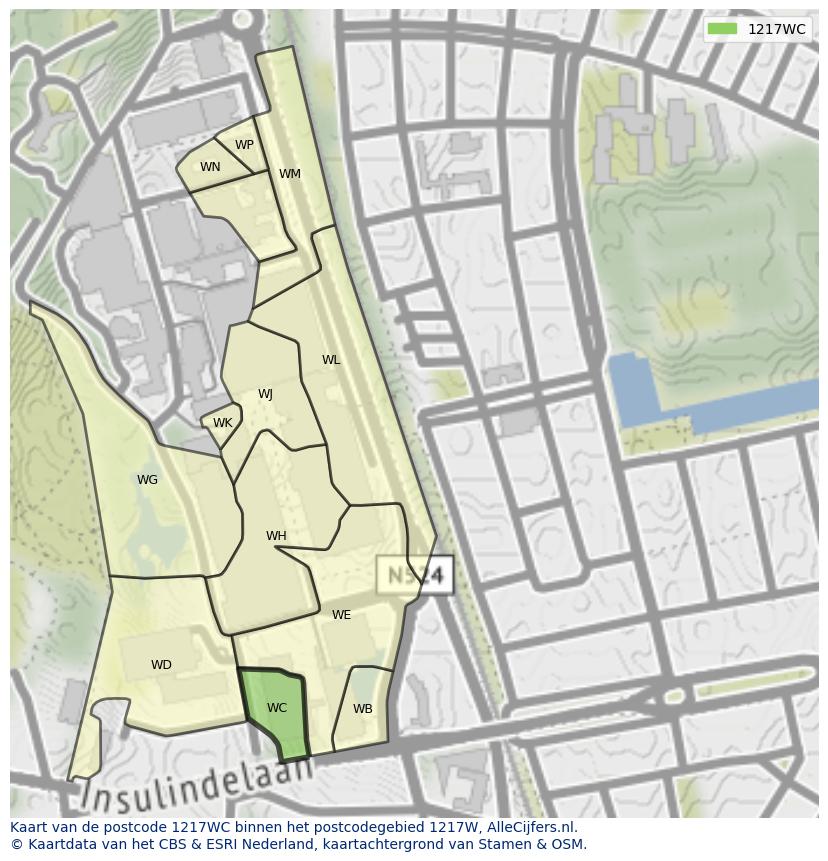 Afbeelding van het postcodegebied 1217 WC op de kaart.