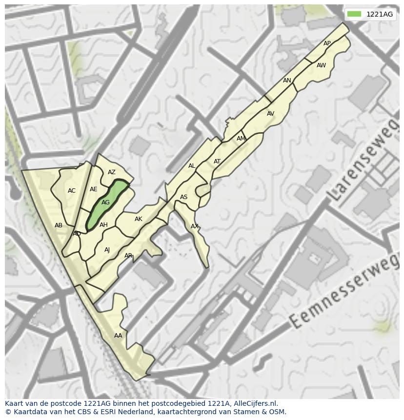 Afbeelding van het postcodegebied 1221 AG op de kaart.