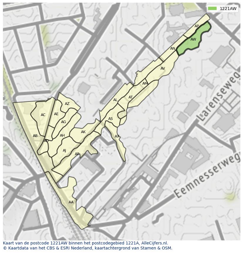 Afbeelding van het postcodegebied 1221 AW op de kaart.