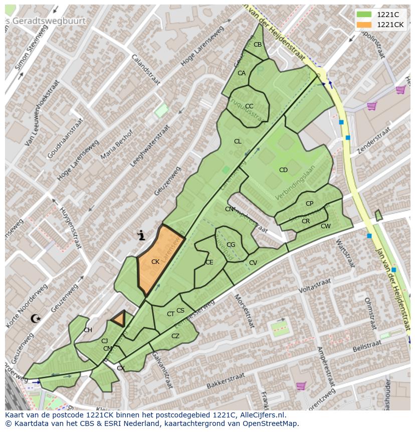 Afbeelding van het postcodegebied 1221 CK op de kaart.