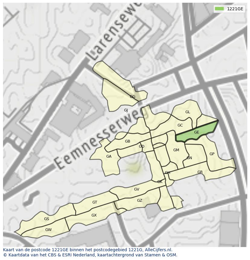 Afbeelding van het postcodegebied 1221 GE op de kaart.