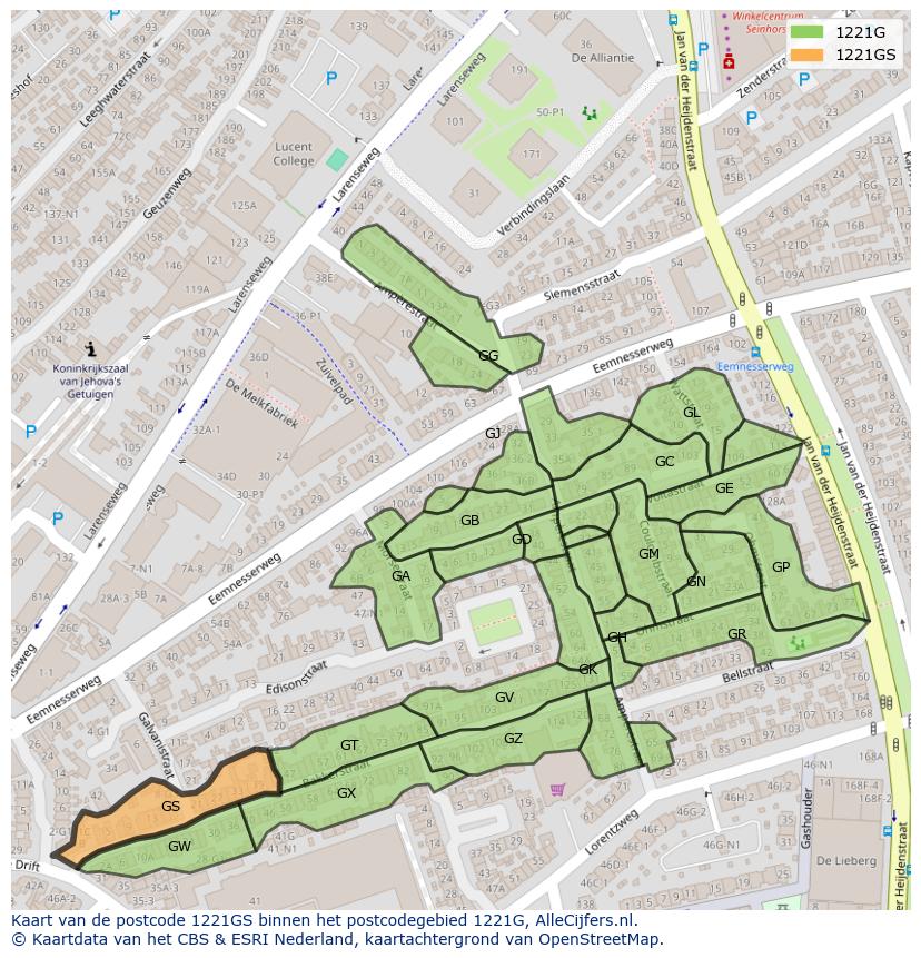 Afbeelding van het postcodegebied 1221 GS op de kaart.