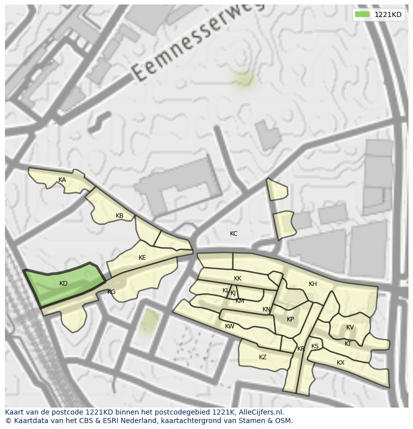 Afbeelding van het postcodegebied 1221 KD op de kaart.