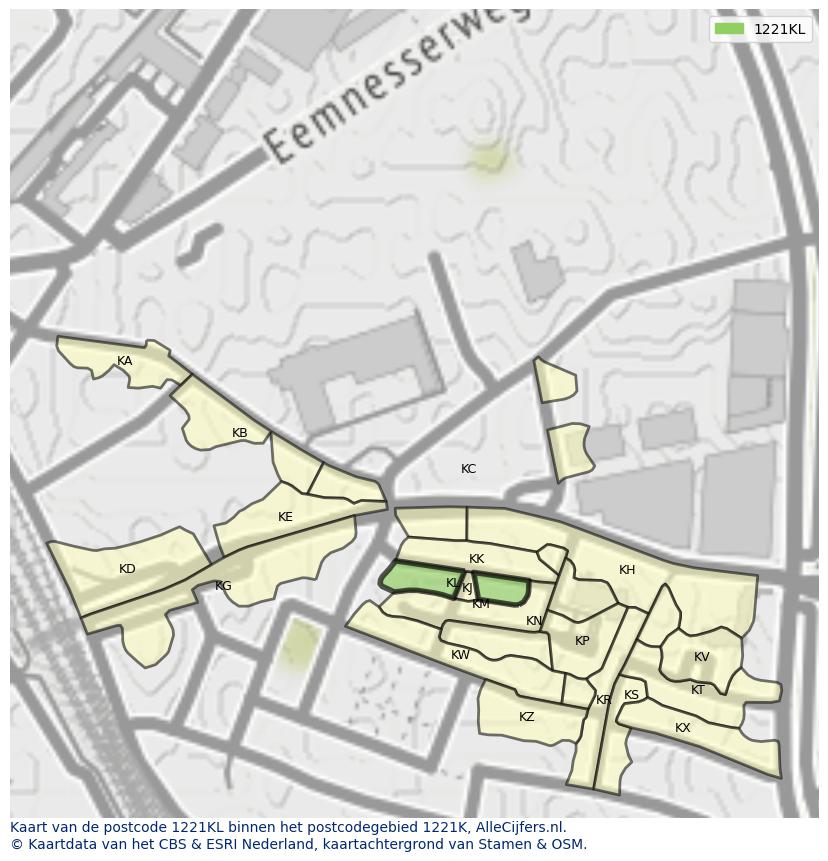 Afbeelding van het postcodegebied 1221 KL op de kaart.