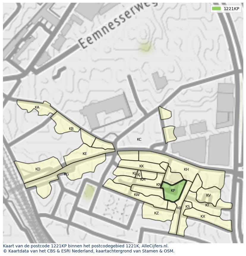 Afbeelding van het postcodegebied 1221 KP op de kaart.