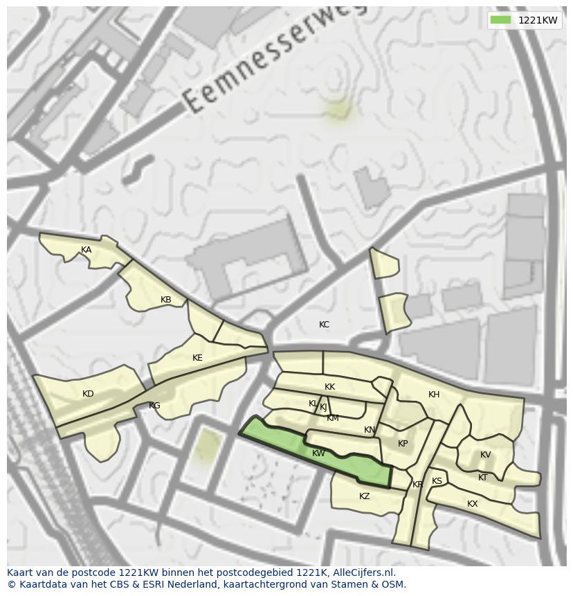Afbeelding van het postcodegebied 1221 KW op de kaart.