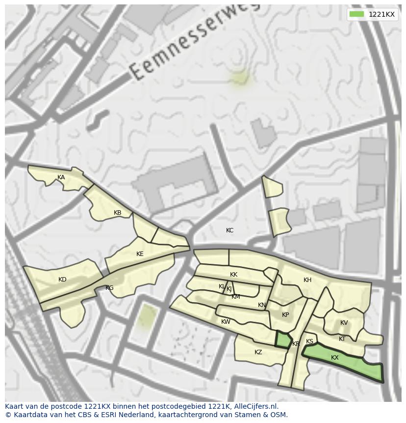 Afbeelding van het postcodegebied 1221 KX op de kaart.