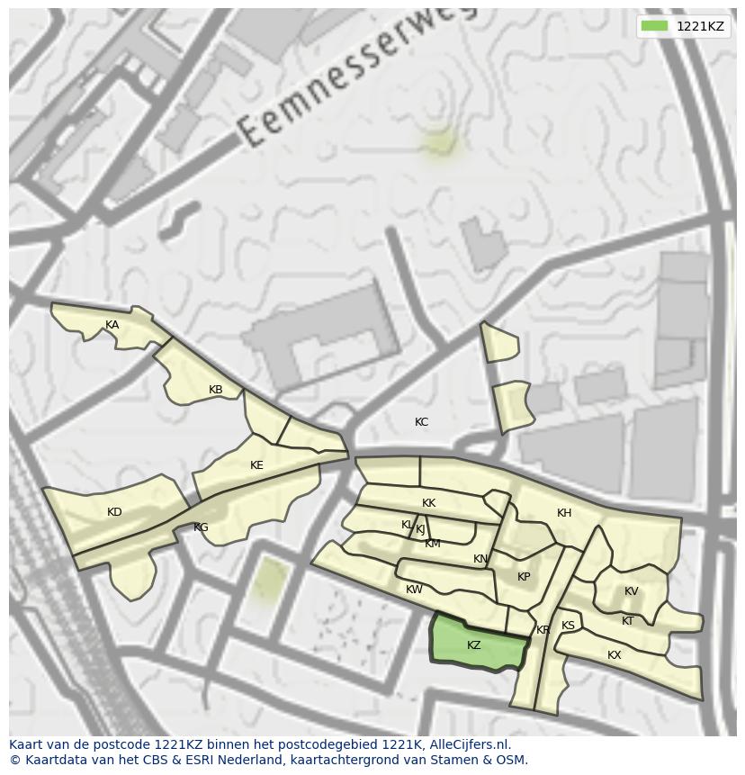 Afbeelding van het postcodegebied 1221 KZ op de kaart.