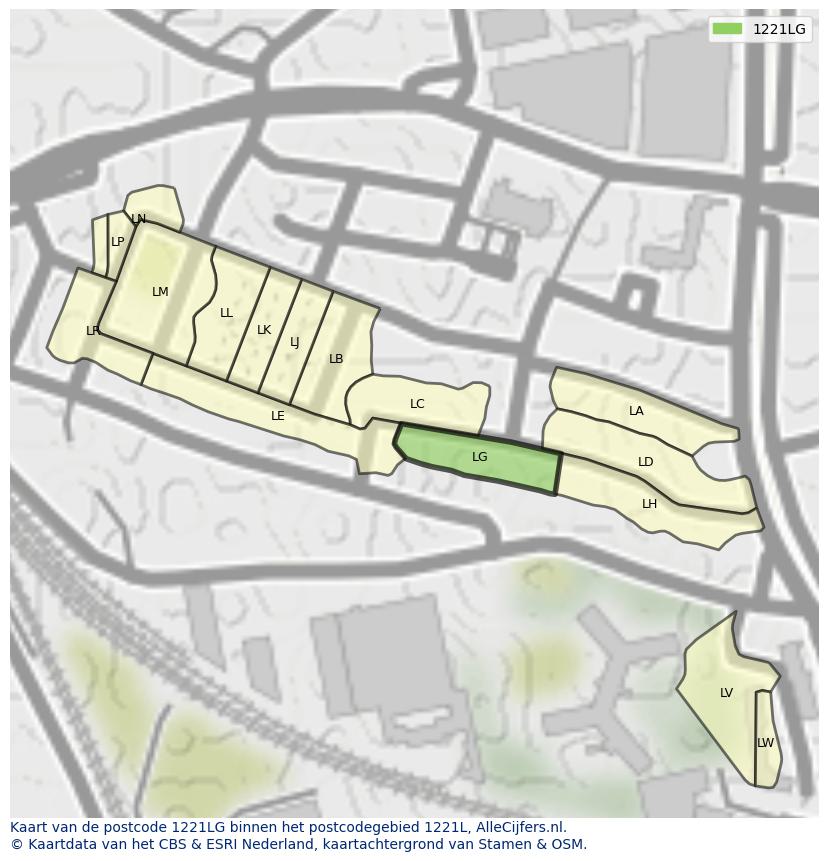 Afbeelding van het postcodegebied 1221 LG op de kaart.