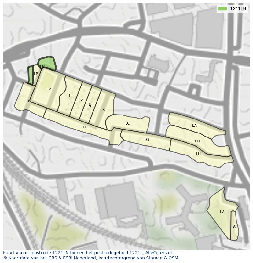 Afbeelding van het postcodegebied 1221 LN op de kaart.