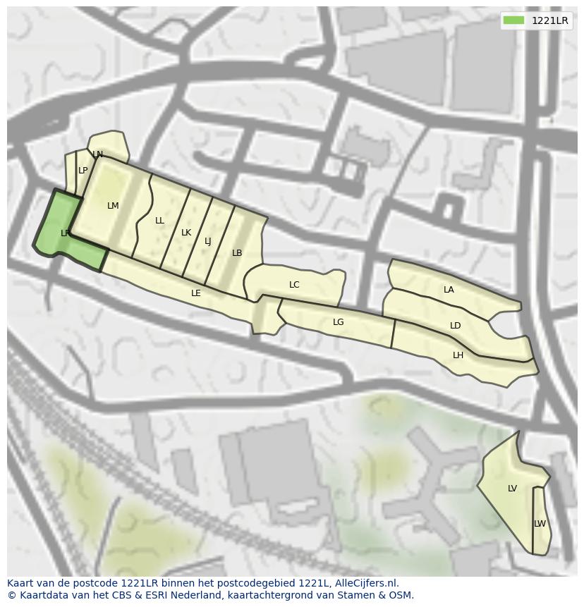 Afbeelding van het postcodegebied 1221 LR op de kaart.