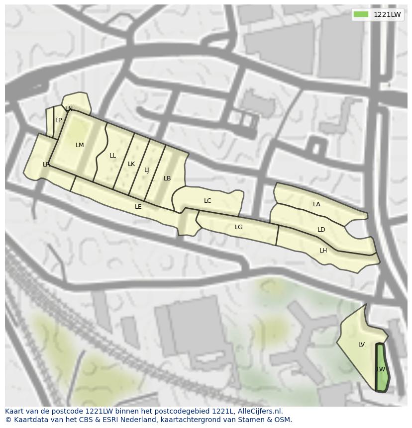 Afbeelding van het postcodegebied 1221 LW op de kaart.
