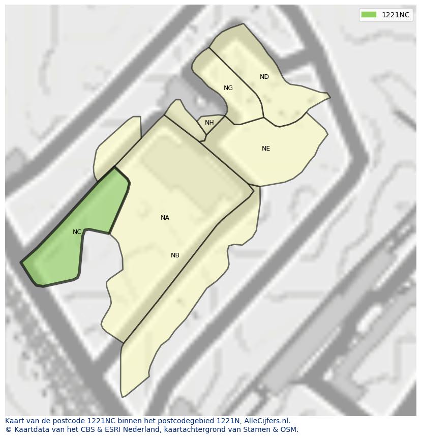 Afbeelding van het postcodegebied 1221 NC op de kaart.