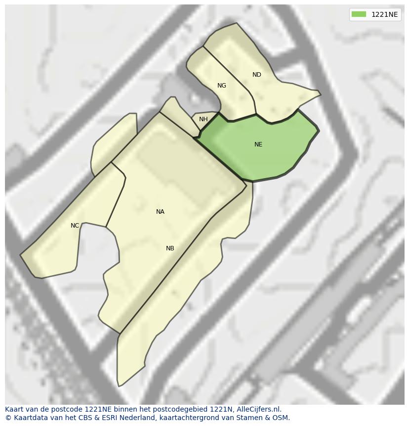 Afbeelding van het postcodegebied 1221 NE op de kaart.