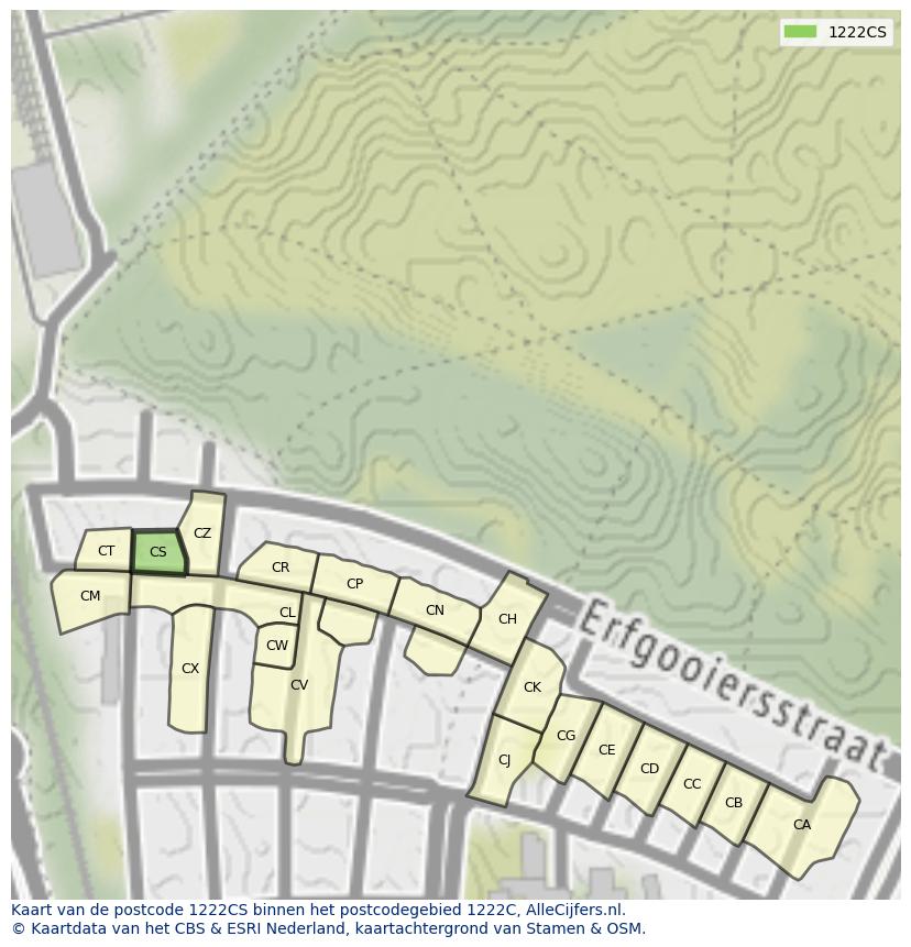 Afbeelding van het postcodegebied 1222 CS op de kaart.