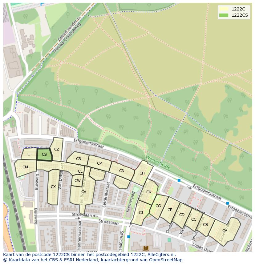Afbeelding van het postcodegebied 1222 CS op de kaart.