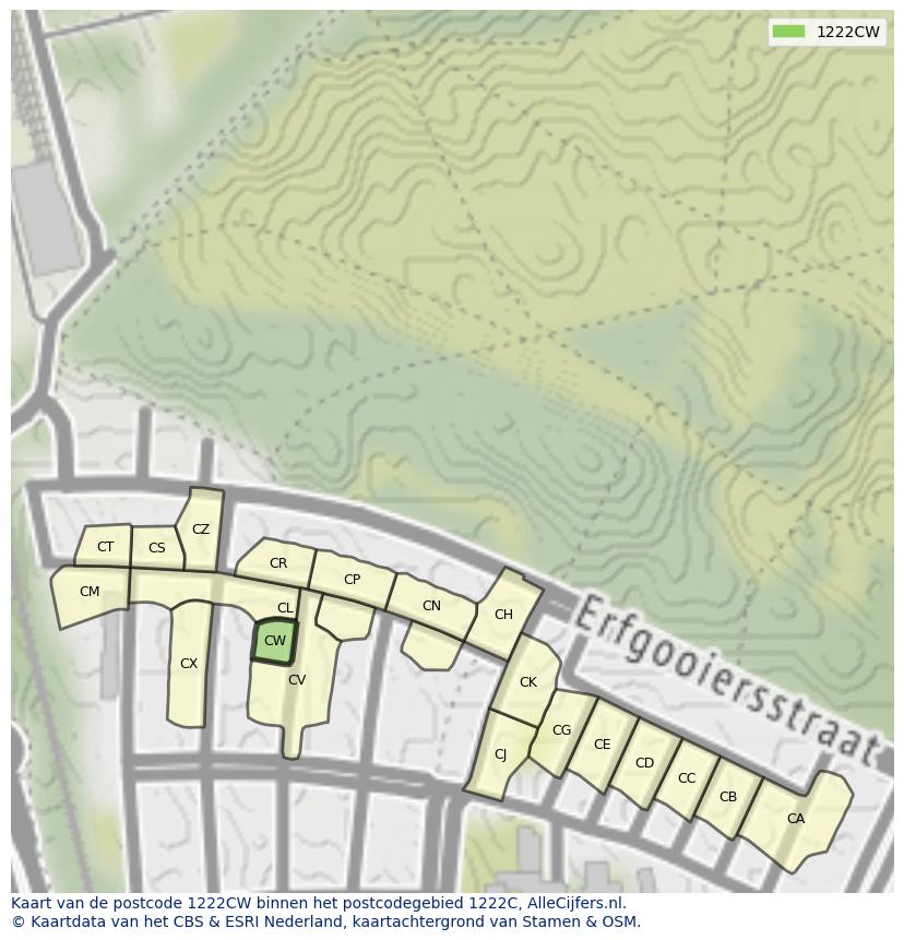 Afbeelding van het postcodegebied 1222 CW op de kaart.