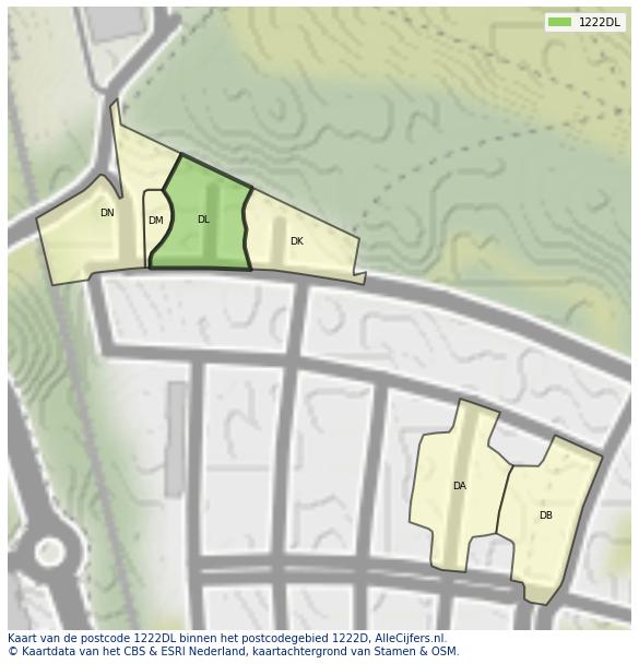 Afbeelding van het postcodegebied 1222 DL op de kaart.