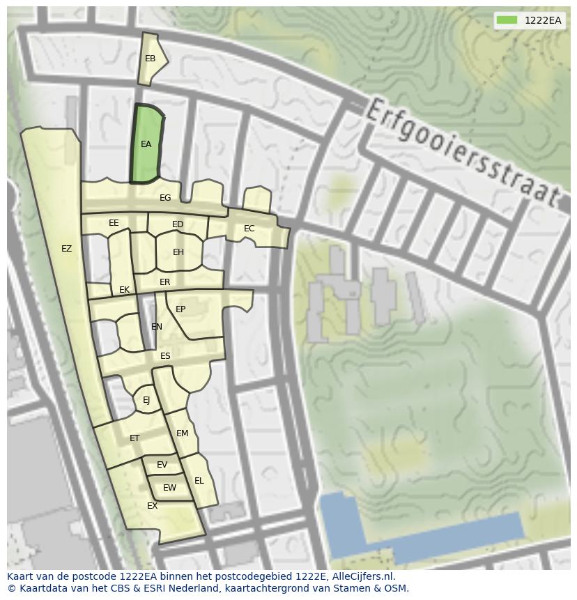 Afbeelding van het postcodegebied 1222 EA op de kaart.