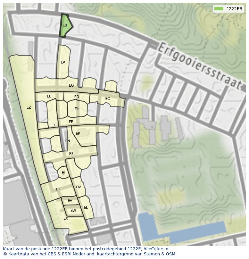Afbeelding van het postcodegebied 1222 EB op de kaart.