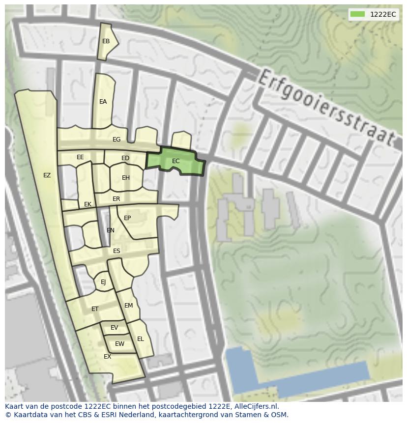 Afbeelding van het postcodegebied 1222 EC op de kaart.