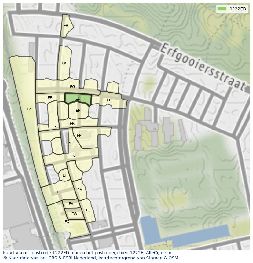 Afbeelding van het postcodegebied 1222 ED op de kaart.