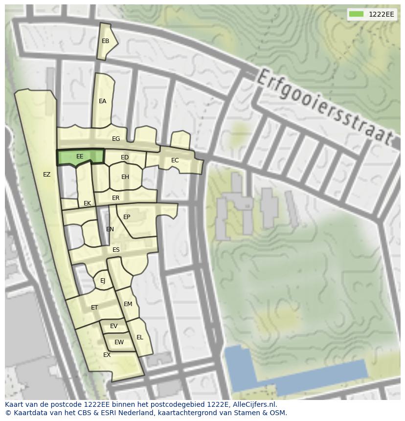 Afbeelding van het postcodegebied 1222 EE op de kaart.