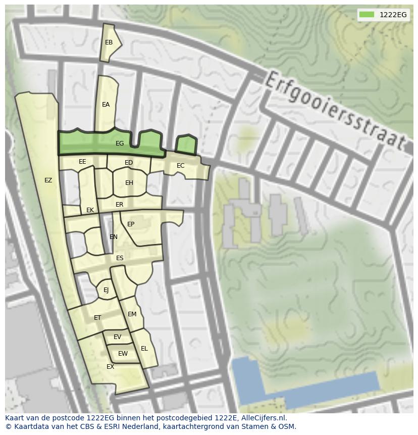 Afbeelding van het postcodegebied 1222 EG op de kaart.