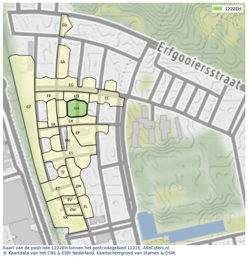 Afbeelding van het postcodegebied 1222 EH op de kaart.