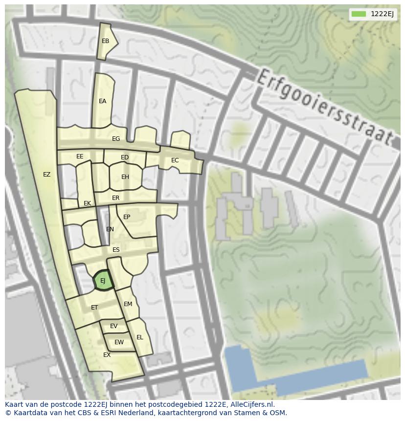 Afbeelding van het postcodegebied 1222 EJ op de kaart.