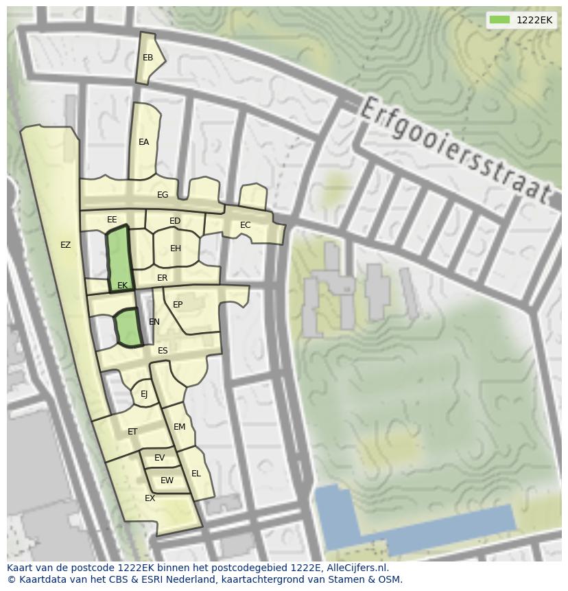 Afbeelding van het postcodegebied 1222 EK op de kaart.
