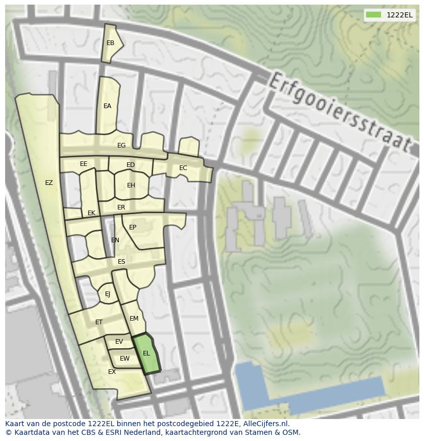 Afbeelding van het postcodegebied 1222 EL op de kaart.