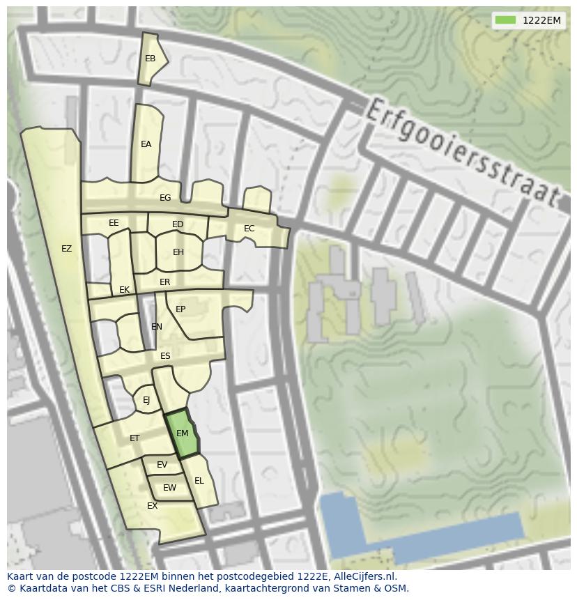 Afbeelding van het postcodegebied 1222 EM op de kaart.