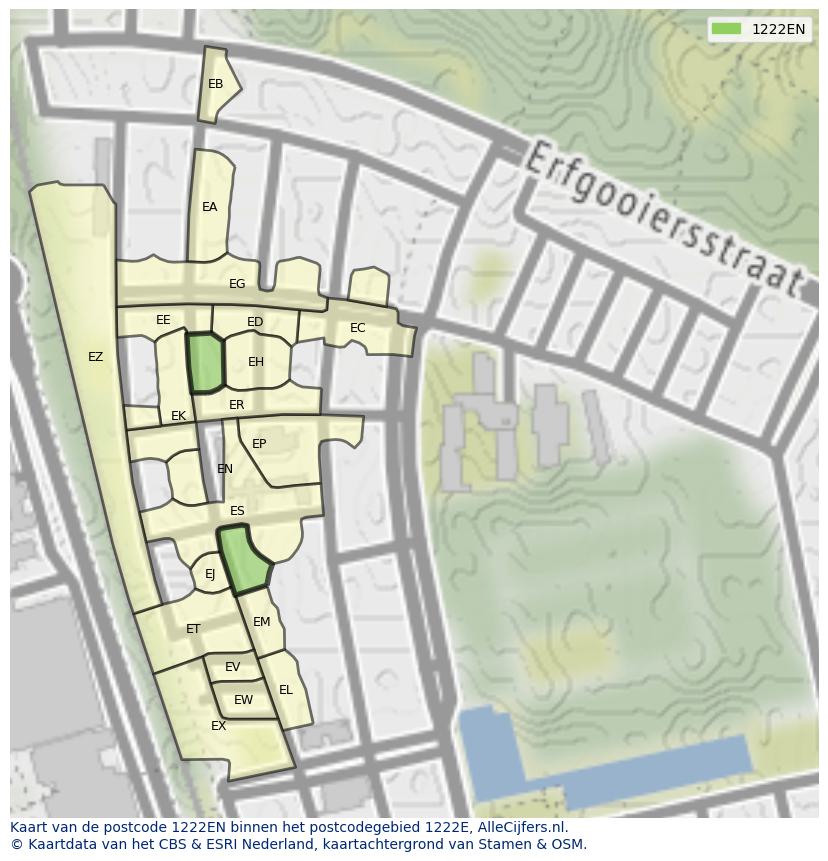 Afbeelding van het postcodegebied 1222 EN op de kaart.