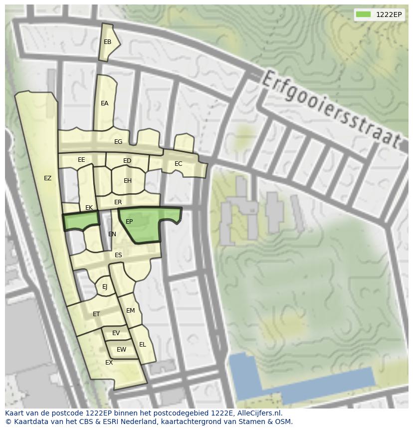 Afbeelding van het postcodegebied 1222 EP op de kaart.