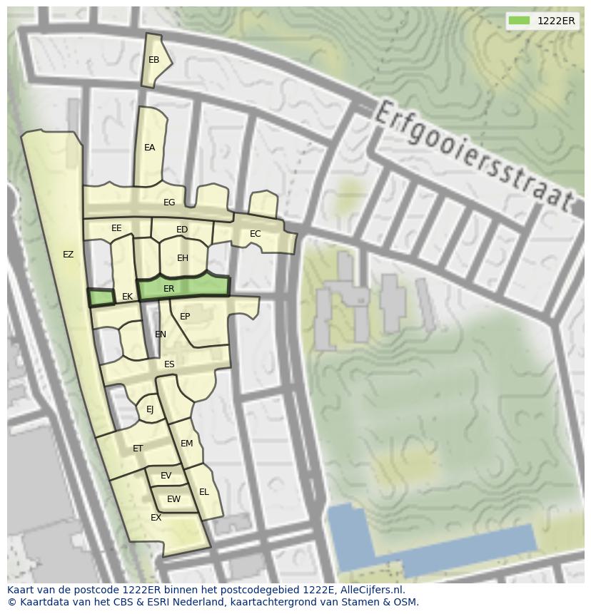 Afbeelding van het postcodegebied 1222 ER op de kaart.