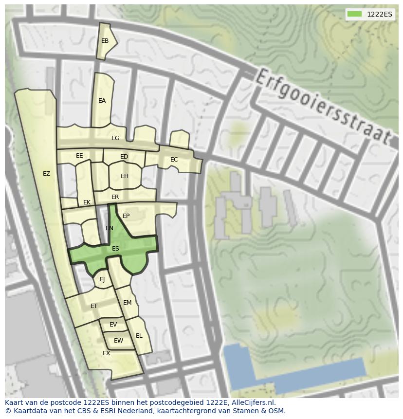 Afbeelding van het postcodegebied 1222 ES op de kaart.