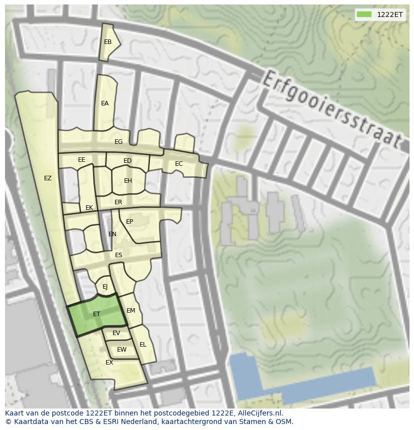 Afbeelding van het postcodegebied 1222 ET op de kaart.