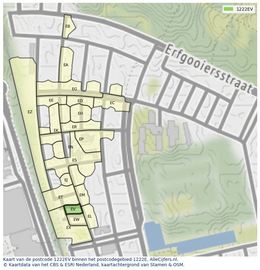 Afbeelding van het postcodegebied 1222 EV op de kaart.