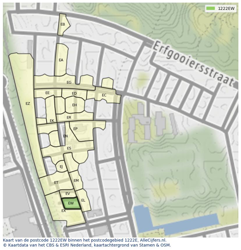 Afbeelding van het postcodegebied 1222 EW op de kaart.