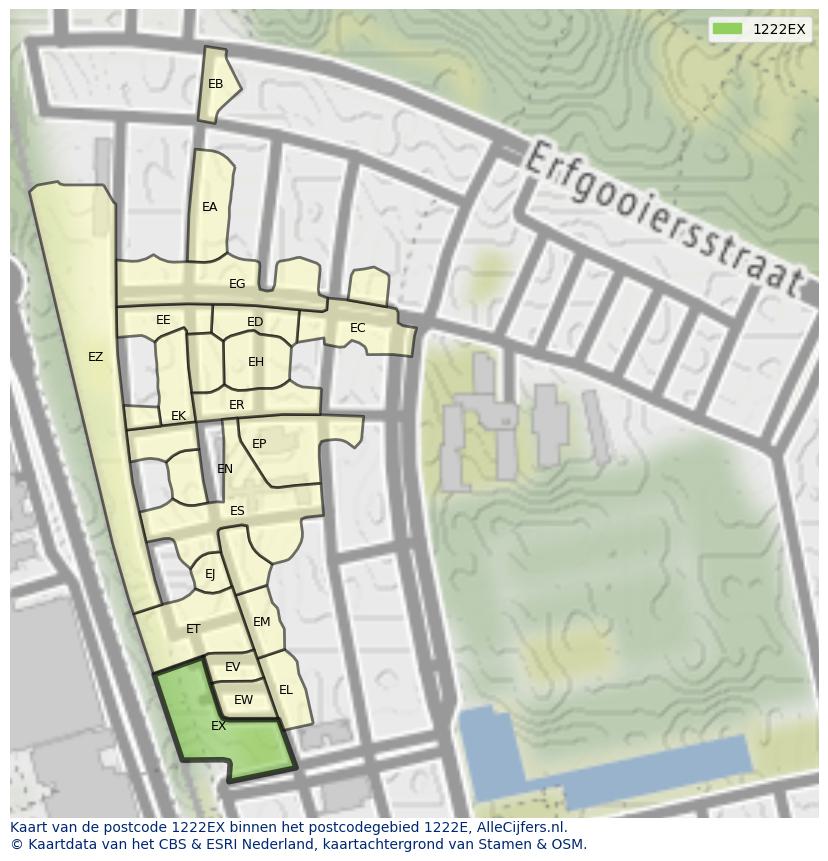 Afbeelding van het postcodegebied 1222 EX op de kaart.