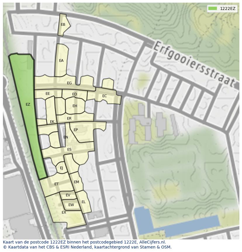 Afbeelding van het postcodegebied 1222 EZ op de kaart.