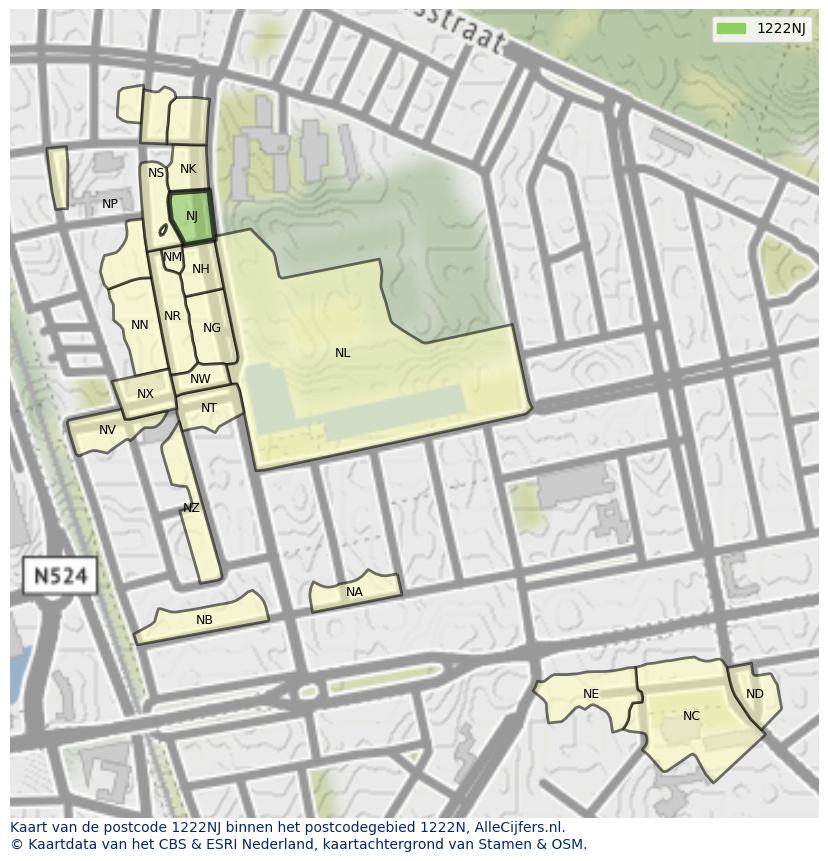 Afbeelding van het postcodegebied 1222 NJ op de kaart.