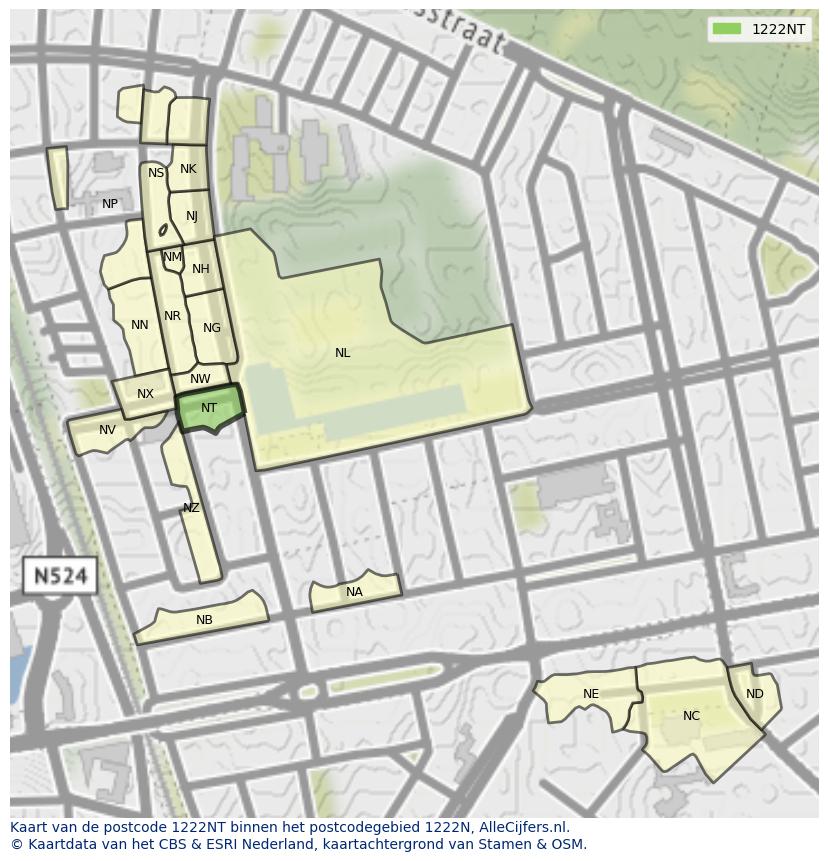Afbeelding van het postcodegebied 1222 NT op de kaart.