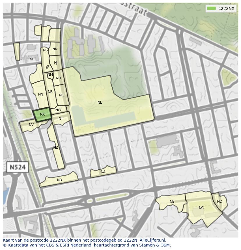 Afbeelding van het postcodegebied 1222 NX op de kaart.